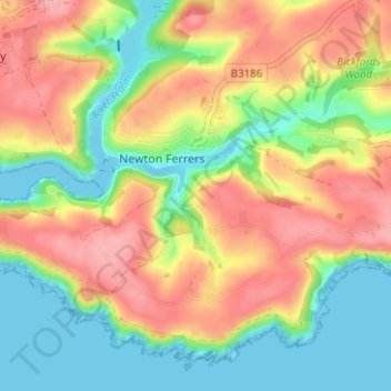 Mapa topográfico Noss Mayo, altitud, relieve