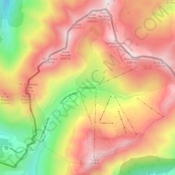 Mapa topográfico Puerto Astún, altitud, relieve