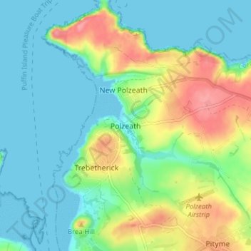 Mapa topográfico Polzeath, altitud, relieve