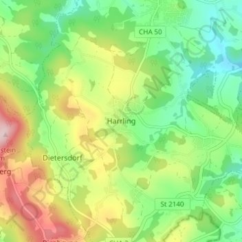 Mapa topográfico Harrling, altitud, relieve