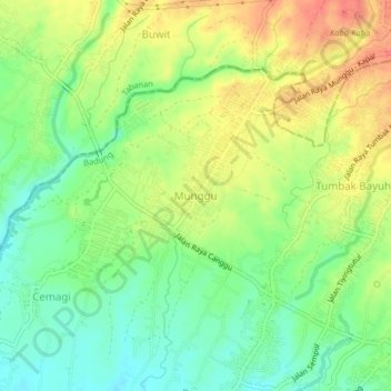 Mapa topográfico Munggu, altitud, relieve