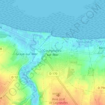 Mapa topográfico Courseulles-sur-Mer, altitud, relieve