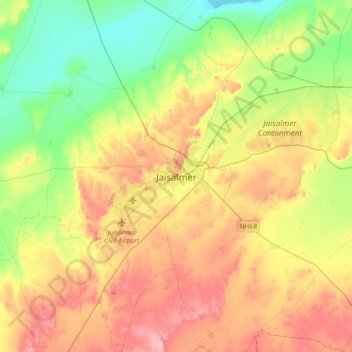 Mapa topográfico Jaisalmer, altitud, relieve