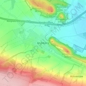 Mapa topográfico Mühlberg, altitud, relieve