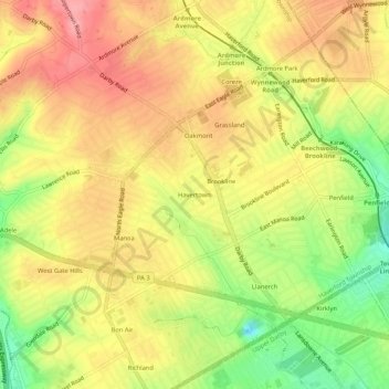 Mapa topográfico Havertown, altitud, relieve