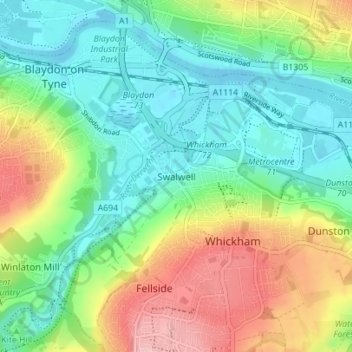 Mapa topográfico Swalwell, altitud, relieve