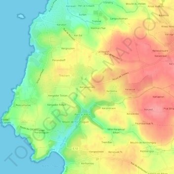 Mapa topográfico Kerlaouenan, altitud, relieve