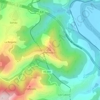 Mapa topográfico Monteagudo, altitud, relieve