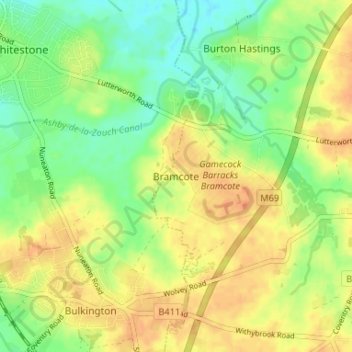 Mapa topográfico Bramcote, altitud, relieve