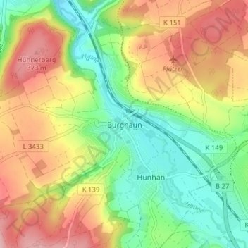 Mapa topográfico Burghaun, altitud, relieve