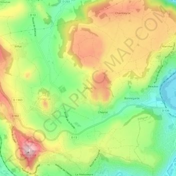 Mapa topográfico Tressac, altitud, relieve