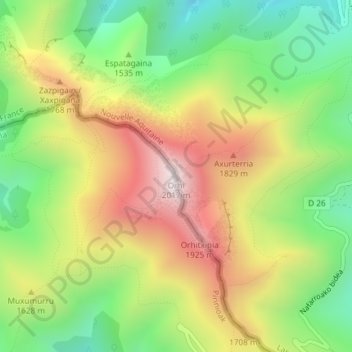 Mapa topográfico Ori, altitud, relieve