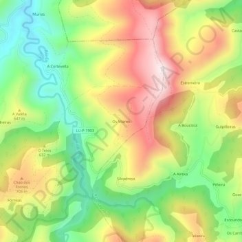 Mapa topográfico Os Vilares, altitud, relieve