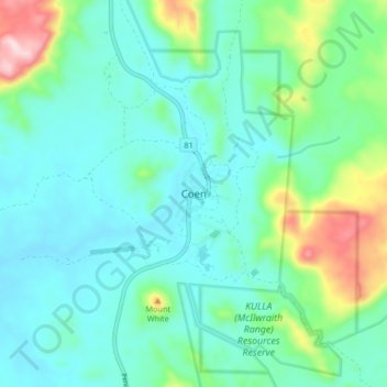 Mapa topográfico Coen, altitud, relieve
