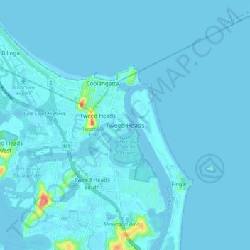 Mapa topográfico Tweed Heads, altitud, relieve