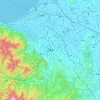 Mapa topográfico Sapporo, altitud, relieve