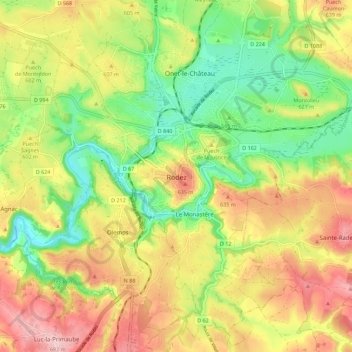 Mapa topográfico Rodez, altitud, relieve