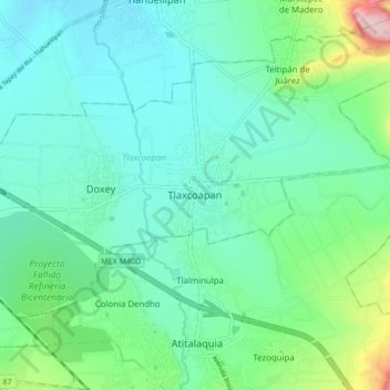 Mapa topográfico Tlaxcoapan, altitud, relieve