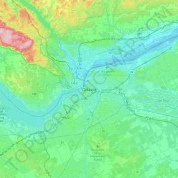 Mapa topográfico Ottawa, altitud, relieve