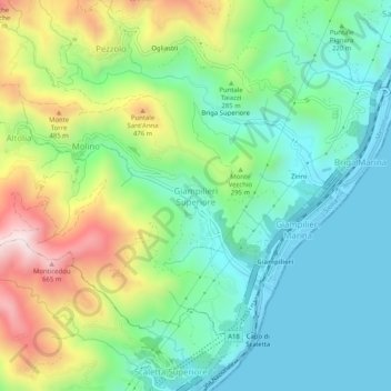 Mapa topográfico Giampilieri Superiore, altitud, relieve