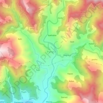 Mapa topográfico Pangna, altitud, relieve