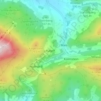 Mapa topográfico Kager, altitud, relieve