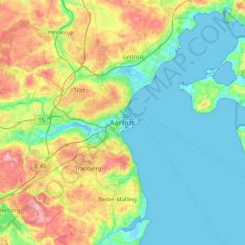 Mapa topográfico Aarhus, altitud, relieve