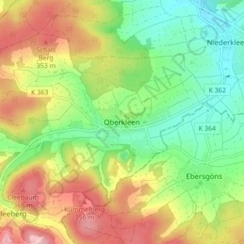 Mapa topográfico Oberkleen, altitud, relieve