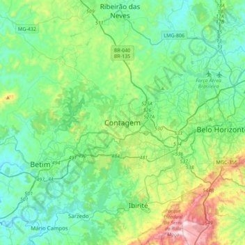 Mapa topográfico Contagem, altitud, relieve