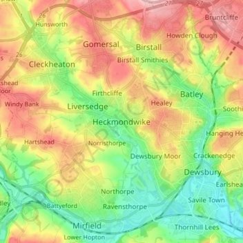 Mapa topográfico Heckmondwike, altitud, relieve
