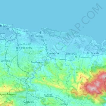 Mapa topográfico Carolina, altitud, relieve