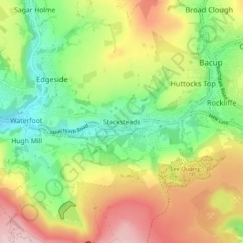 Mapa topográfico Stacksteads, altitud, relieve
