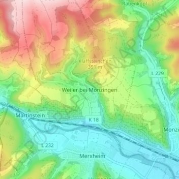 Mapa topográfico Weiler bei Monzingen, altitud, relieve