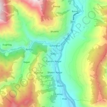 Mapa topográfico Kullu, altitud, relieve