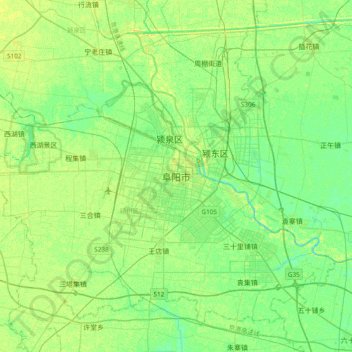 Mapa topográfico 阜阳市, altitud, relieve