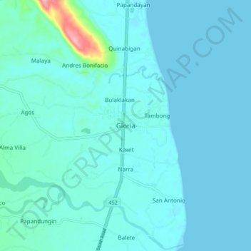 Mapa topográfico Gloria, altitud, relieve