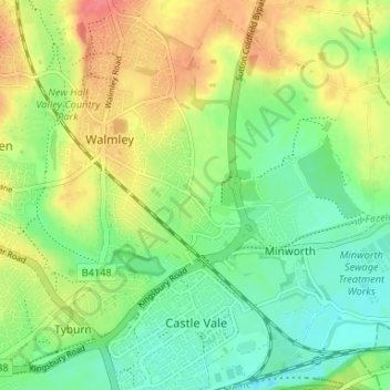 Mapa topográfico Walmley Ash, altitud, relieve