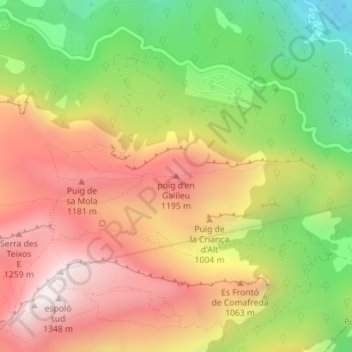 Mapa topográfico puig d'en Galileu, altitud, relieve