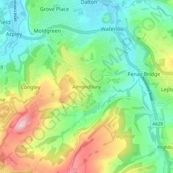 Mapa topográfico Almondbury, altitud, relieve