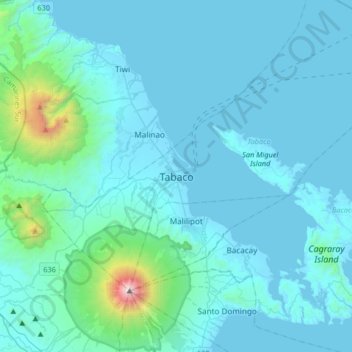 Mapa topográfico Tabaco, altitud, relieve