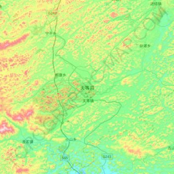 Mapa topográfico 天等县, altitud, relieve