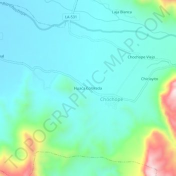 Mapa topográfico Huaca Colorada, altitud, relieve