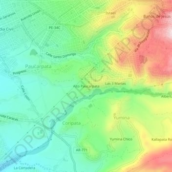 Mapa topográfico Alto Paucarpata, altitud, relieve