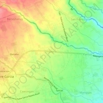Mapa topográfico Bawi, altitud, relieve