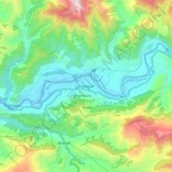 Mapa topográfico Srinagar, altitud, relieve