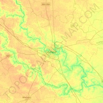 Mapa topográfico Jaunpur, altitud, relieve