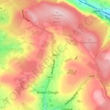 Mapa topográfico Weir, altitud, relieve