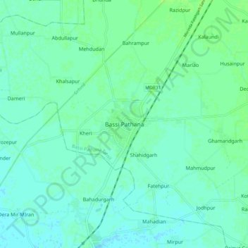 Mapa topográfico Bassi Pathana, altitud, relieve