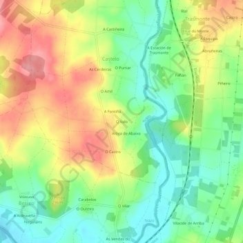 Mapa topográfico O Valo, altitud, relieve