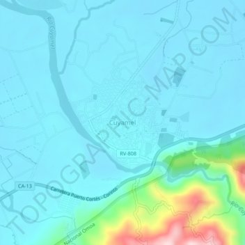 Mapa topográfico Cuyamel, altitud, relieve